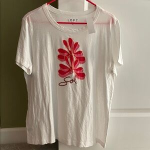 LOFT White Tee with Red Floral Design